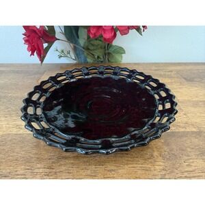 Vintage Black Amethyst Glass Pedestal Bowl Open Lace Edge Glass Centrepiece